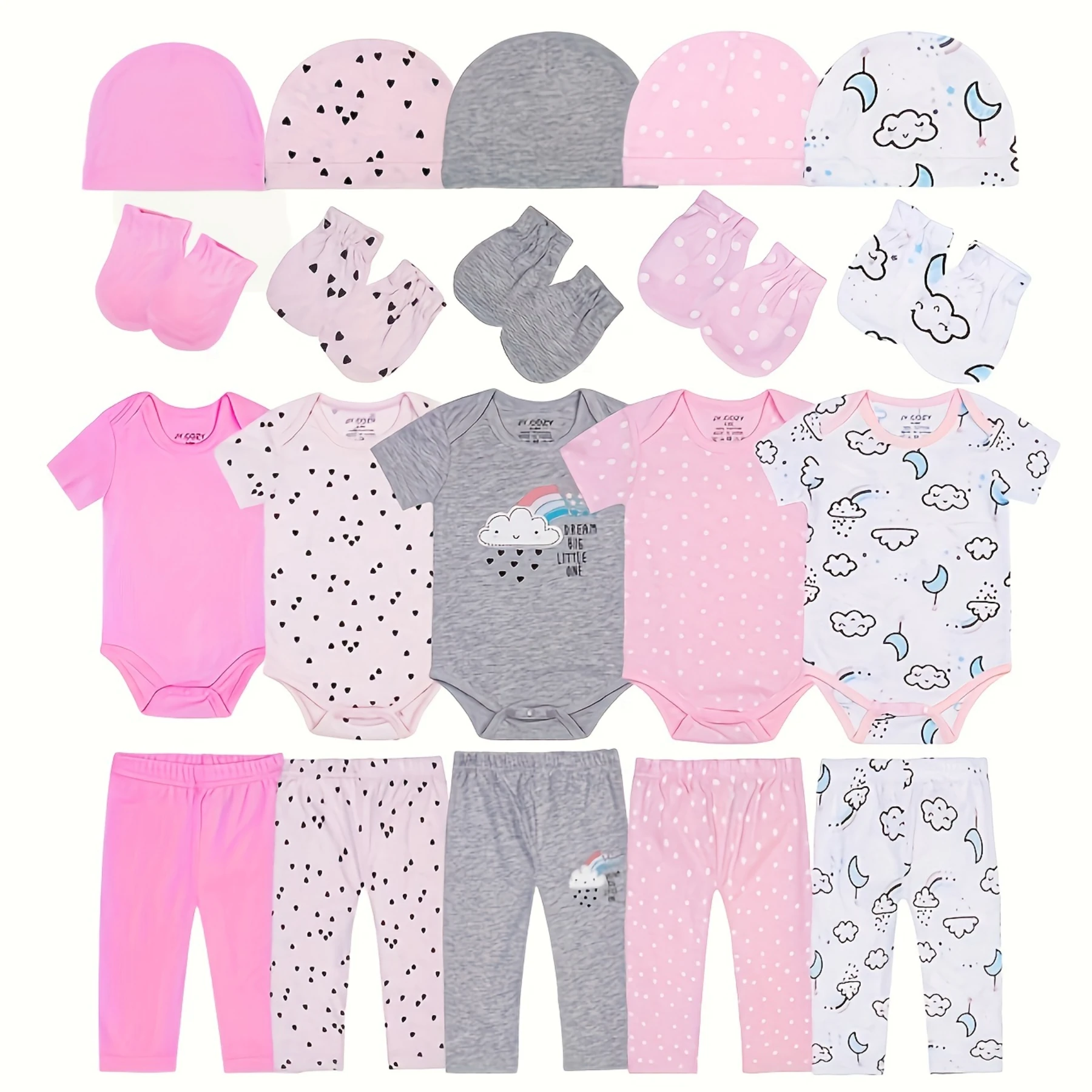 baby girl clothes pink gray cotton 20 pieces set 5 onesie 5 pants 5 gloves 5 hats newborn romper sets infant outfits soft home wear best gift set for new mom