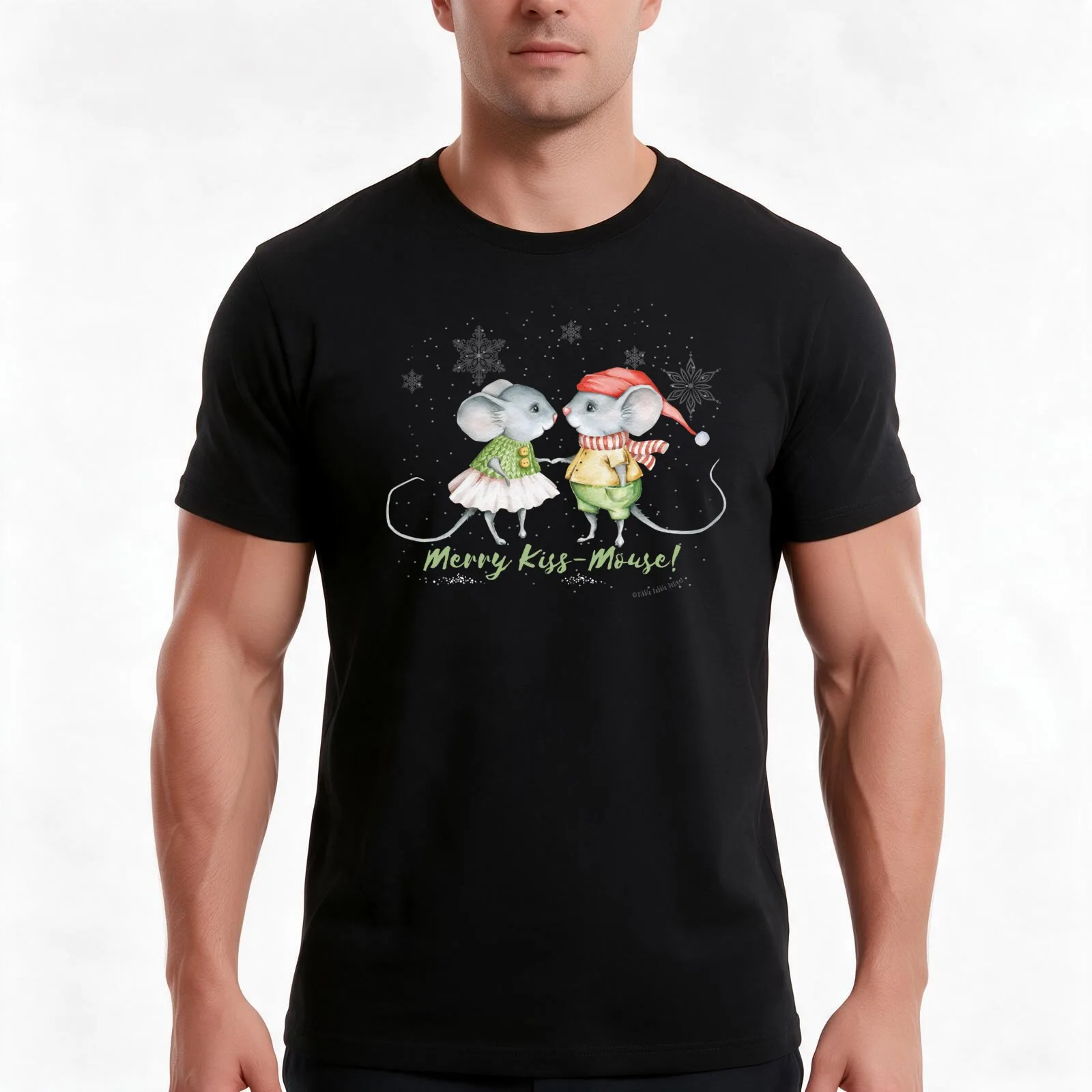Christmas and Holiday Merry Kiss Mouse Design T-Shirt, Summer Casual Cotton Tee, Oversized Streetwear Tops, Unisex Men Women