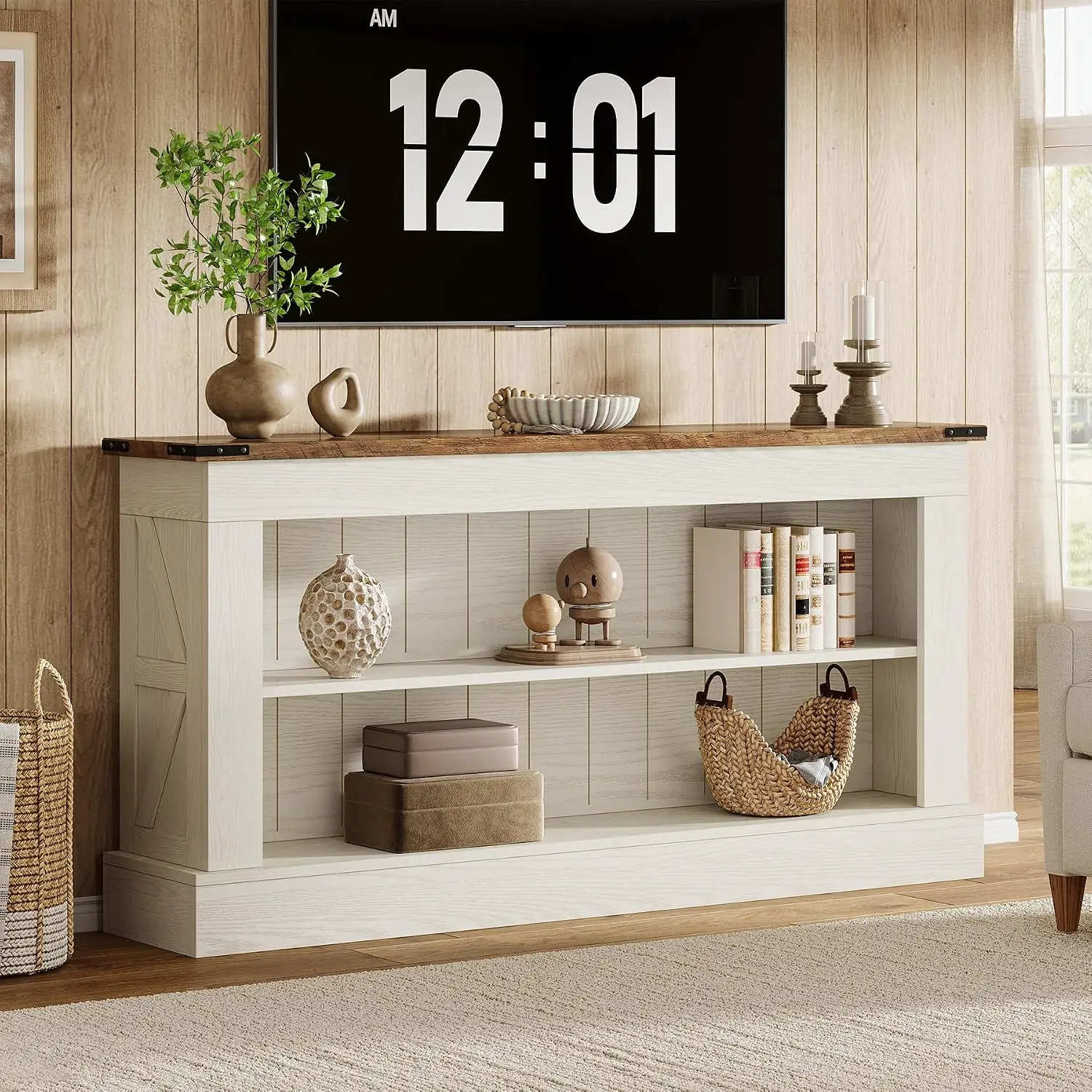 Farmhouse TV Stand 50-70 Inch, 63" Entertainment Center with Storage, Console Table for Living Room & Bedroom, Customized
