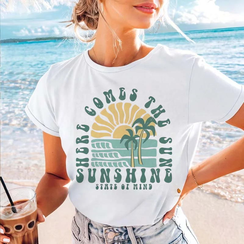 

Summer Beach Coconut Tree Pattern Printed T-Shirt Cute Round Neck Regular Casual T-Shirt Popular Printed Fashion Short Sleeve