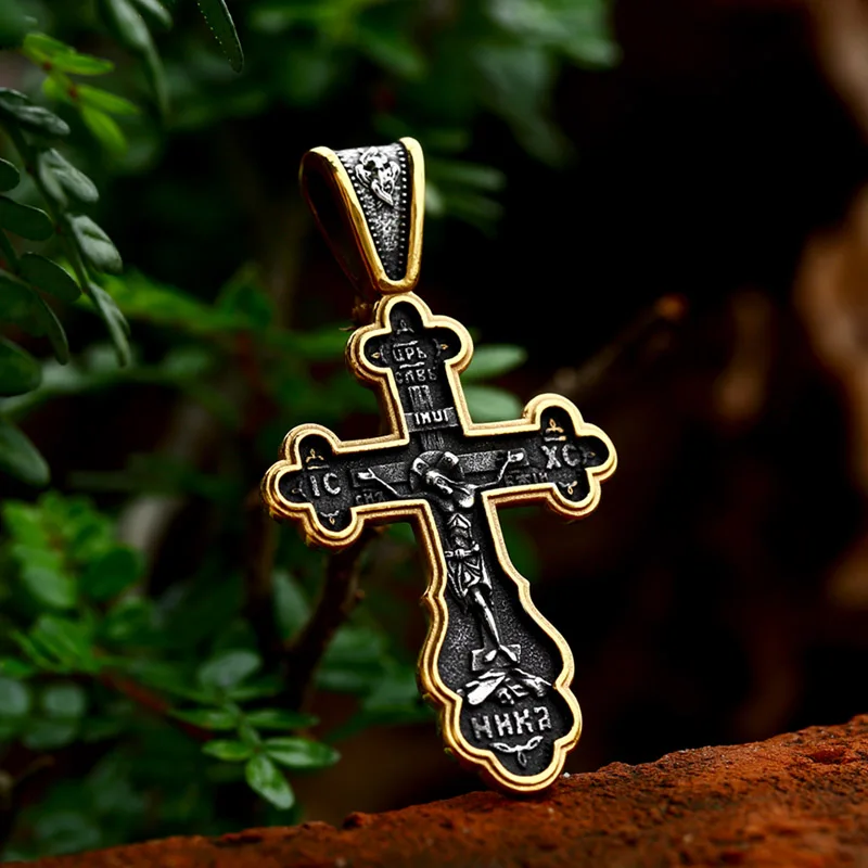 BEIER 2023 New Updated Design 316L Stainless Steel Cross Jesus Pendant Catholicism Christian Jewelry Gold Color Men\'s Pendant