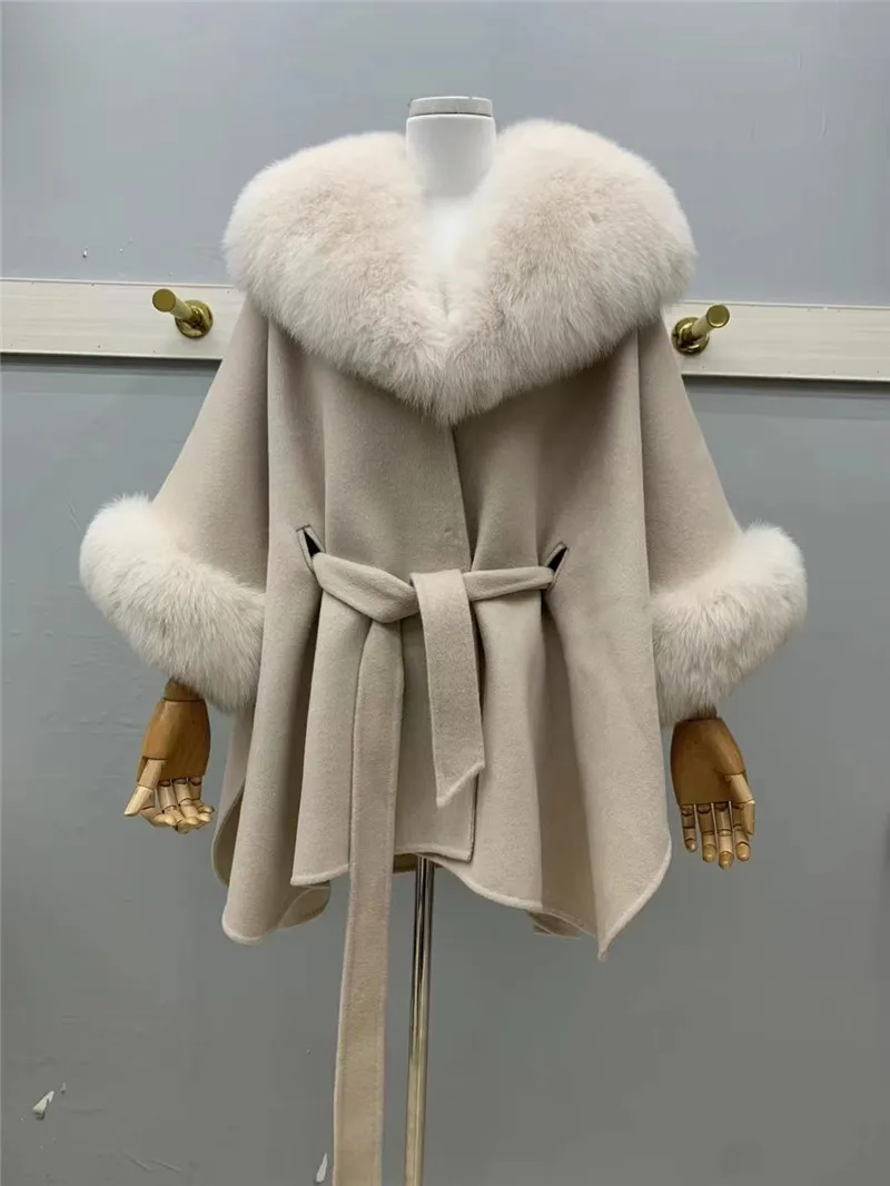 Ladies Cape Coat Solid Color Real Fox Fur Collar Autumn Winter Warm Loose Mid Length Poncho Jacket For Women Wool Blended Coat