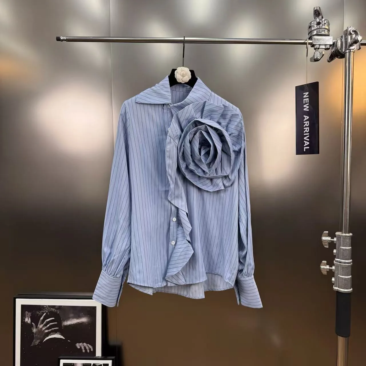 Chemise à rayures à grandes fleurs tridimensionnelles, haut élégant à volants à manches longues, Blusas florales 3D pour femmes, automne rétro