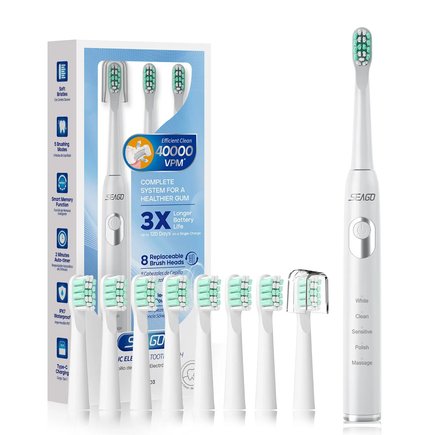 Seago Rechargeable Electric Toothbrush Sonic Tooth Brush Ultrasonic Type C 5 Modes Supercharged Smart LED Indicator Adult IPX7