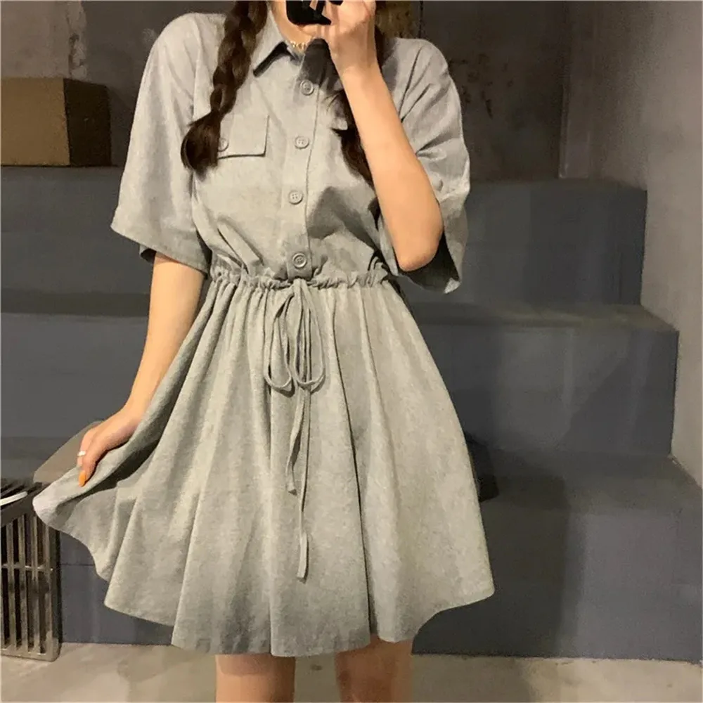 

Y2k Casual Summer Polo Collar Dress Baggy Korean Slim Drawstring Waisted Loose Short Sleeve Tops Chic Age-reducing Dress Blouses