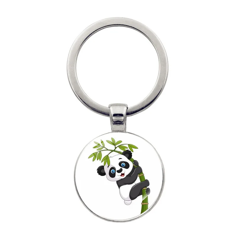 Cute Panda Eat Bamboo Key Chain Fashion Cartoon Giant Bearcat Round Glass Pendant Gift Bag Car Keychain