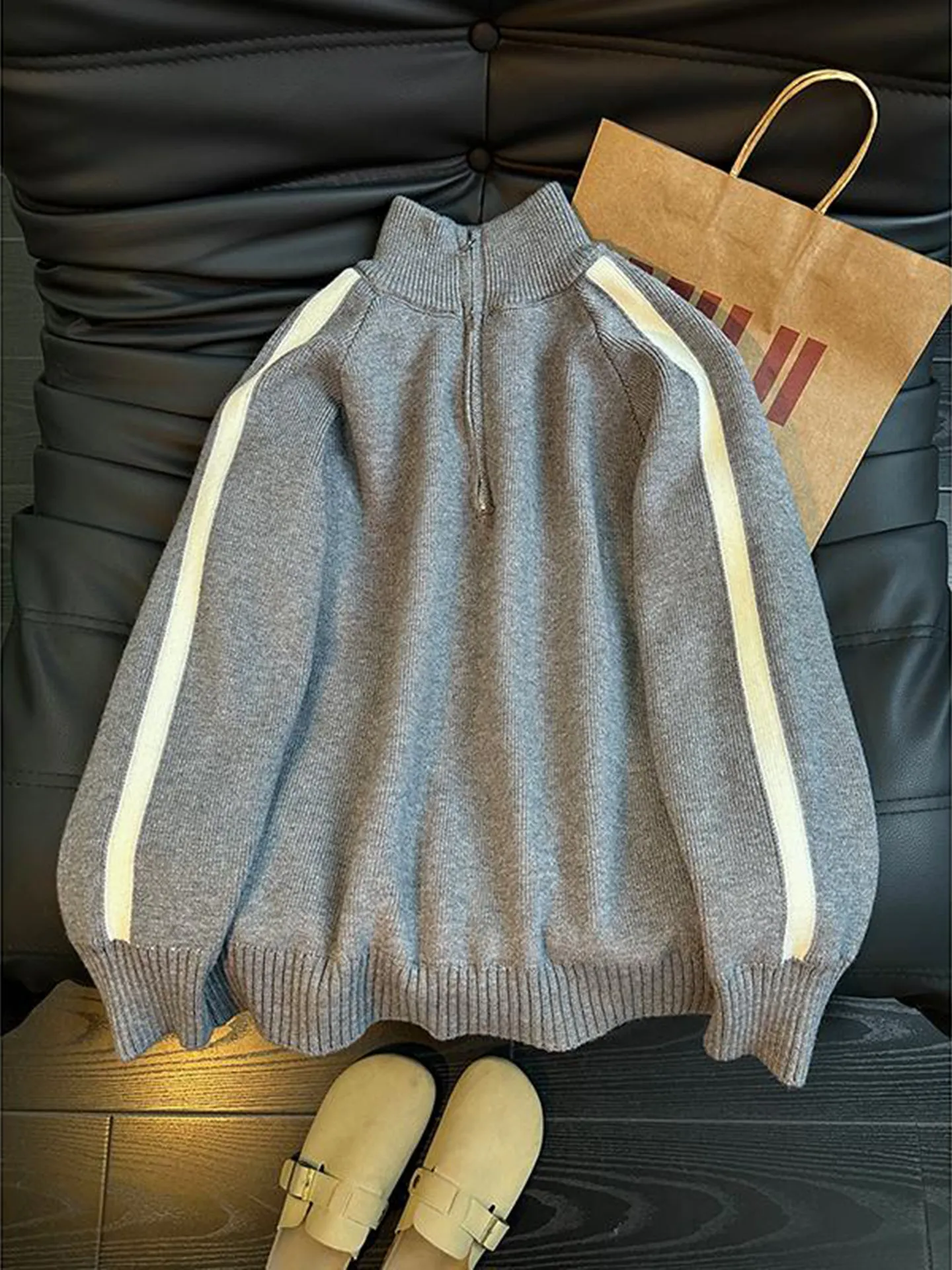 

ay Zipper Fce Lined f High Ne Men's Knitwear Winter Casual Sle Striped Patchwork Base Layer Lazy Couple Jaet