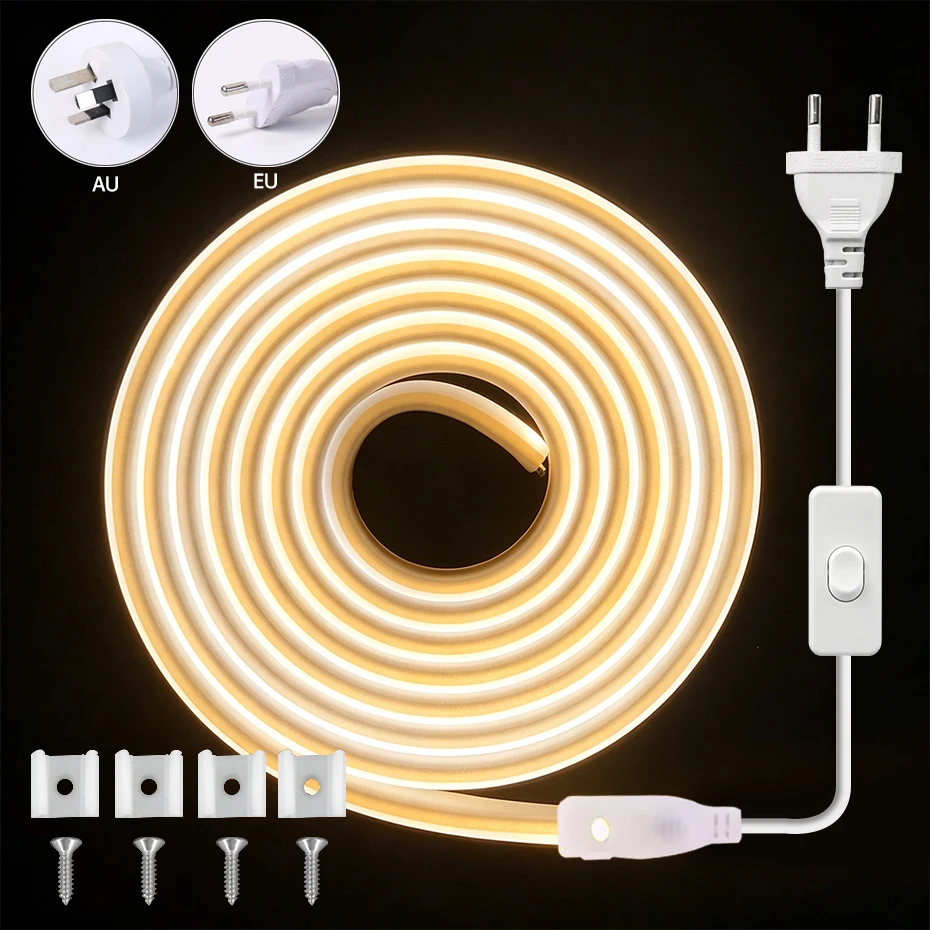 220V COB Neon Light AU EU Switch Plug ON OFF Waterproof Flexible 1-30m Led Strip Lights 288Leds/m Led Tape For Kitchen Garden