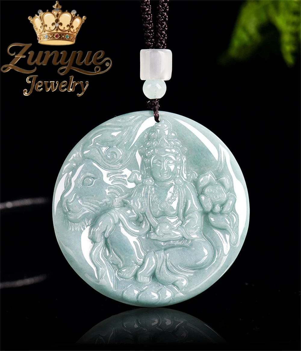 

Genuine Natural A-grade Jadeite Blue Water Manjusri Bodhisattva Zodiac Rabbit Guardian Deity Jade Pendant For Men And Women
