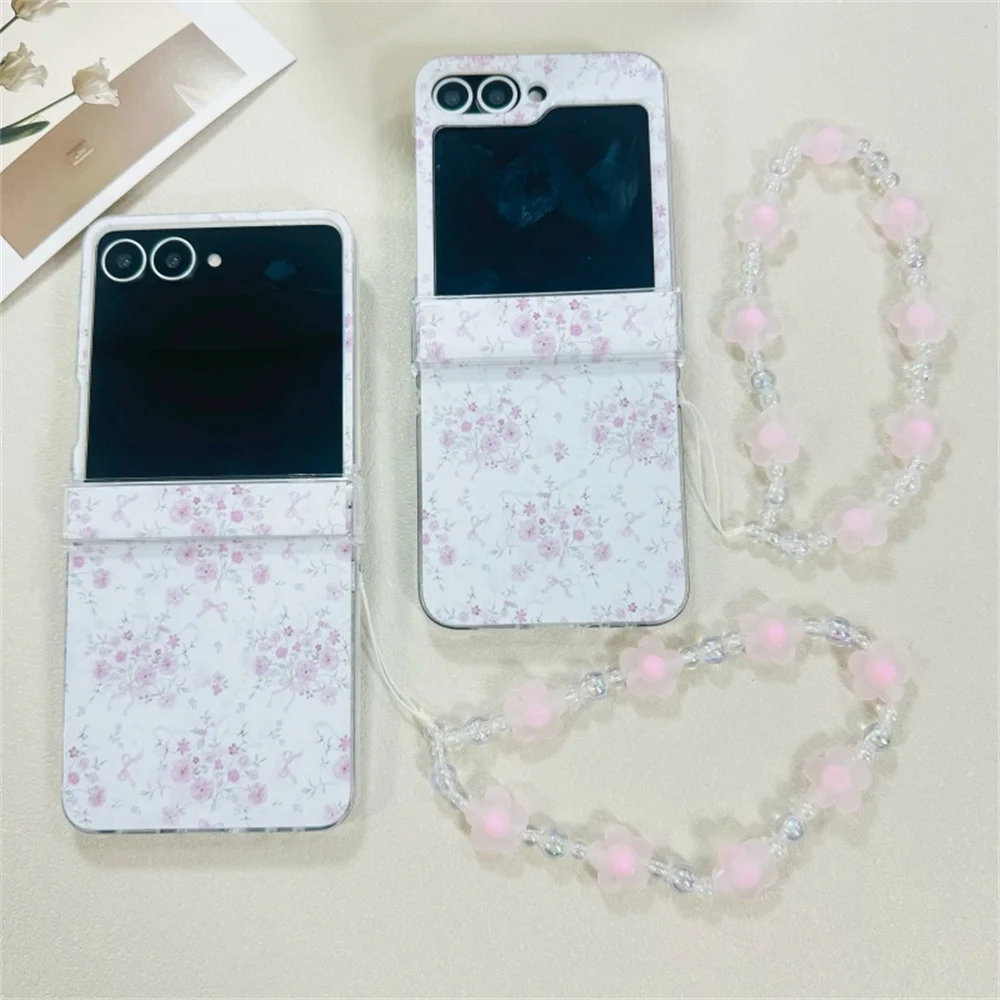 Sweet Girly Ditsy Pink Floral Bow Print Phone Case for Samsung Galaxy Z Flip 7-3 Cute Flower Charm Bead Strap Protective Cover