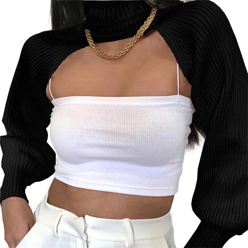 Fashion Women Crop Top Short Pullover Turtleneck Long Sleeve Knitted Sweater High Street Chic Jumpers Matching Vest Tank Top