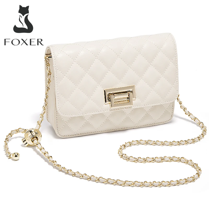 FOXER 2026 Women White Quilted Crossbody Bag Luxury Leather Chain Shoulder Bag Fashion Lady Flap Square Purse for Casual & Party