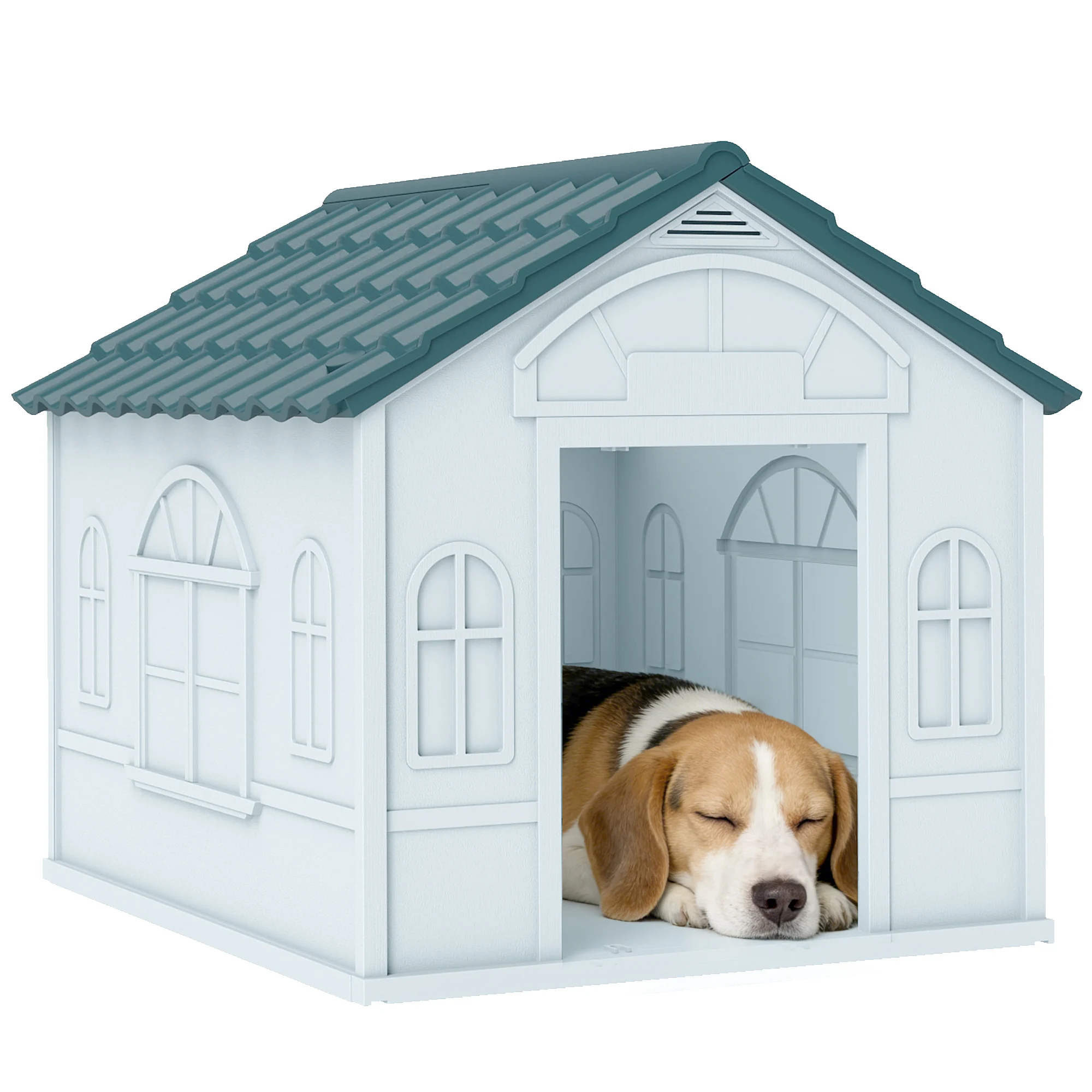 Casa para Perros Pawhut con Ventana de Imitación y Azulejos para Perros Medianos 65X75.7X63 cm Azul Verdoso y Blanco