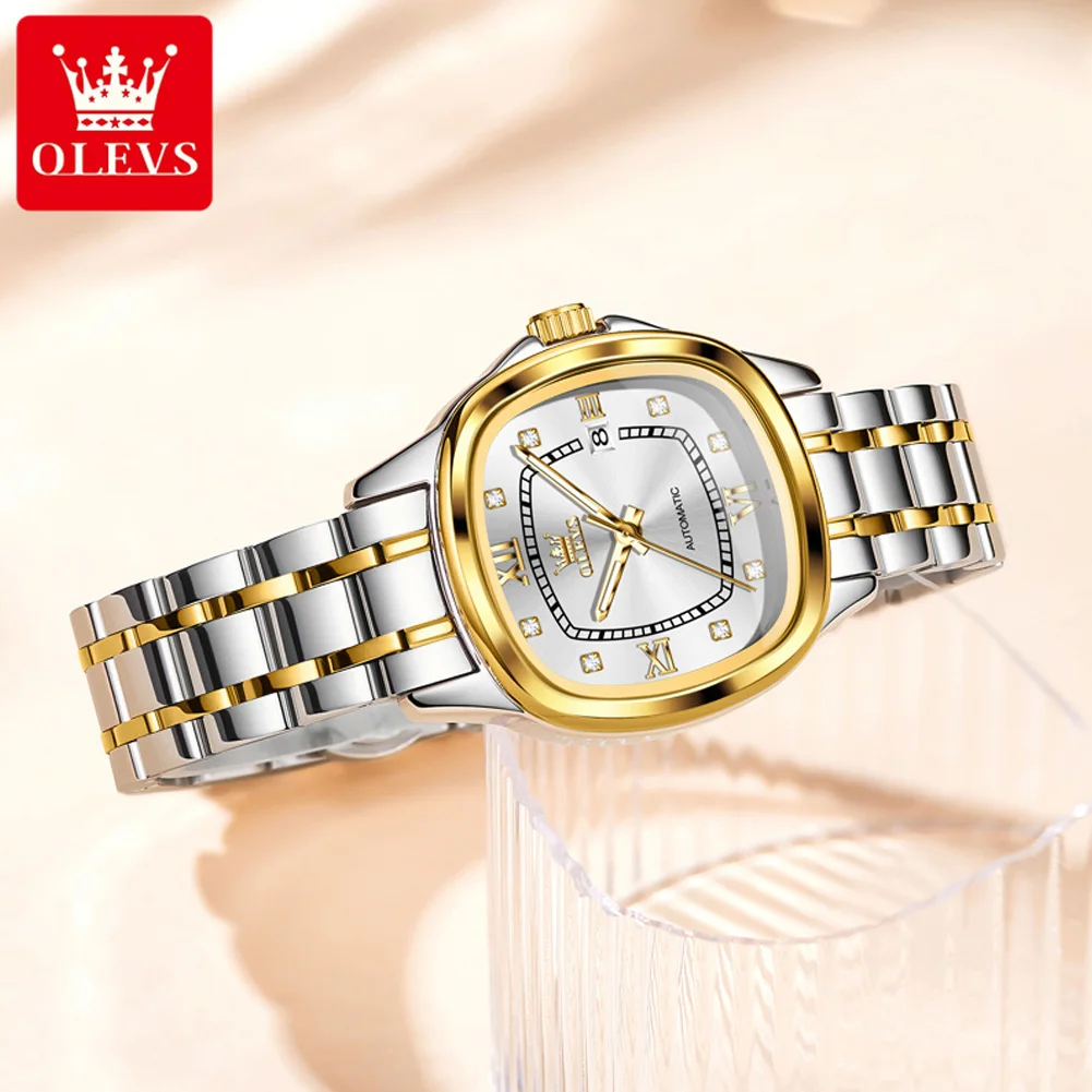 OLEVS 9810 Automatic Mechanical Watch for Women Luxury Diamond Scale Womens Wristwatch Stainless Steel Waterproof Ladies Watches