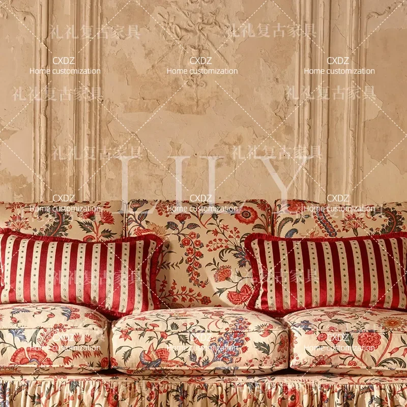 Pastoral Floral Fabric Sofa Solid Wood Straight Row Couch Retro Style Living Room Furniture for Small Apartment Home Decor