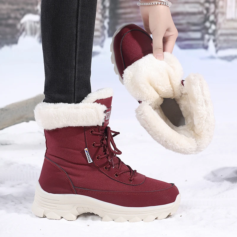 Winter High-Top Women's Hiking Boots Trekking Mountain Shoes Plush Warm Snow Boots Comfortable Rubber Sole For Outdoor Activitie