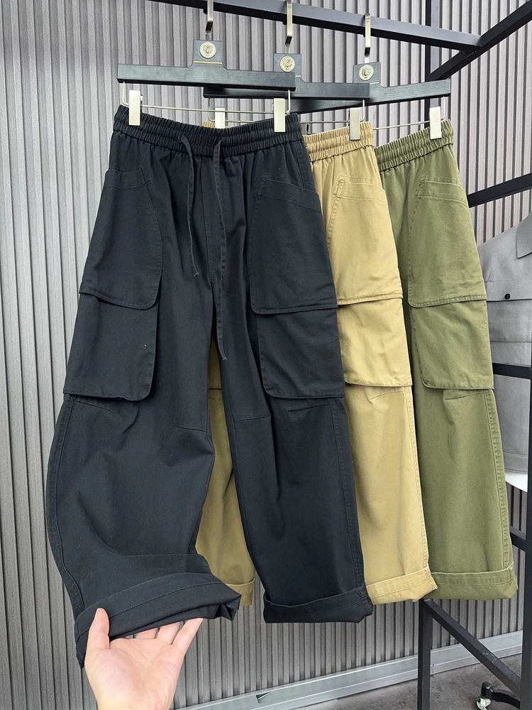 

American Sle Comfortable Thiened Wide Leg Straight Cut Cotton Work Trousers for Men Pure Color Casual Pants Autumn Winter