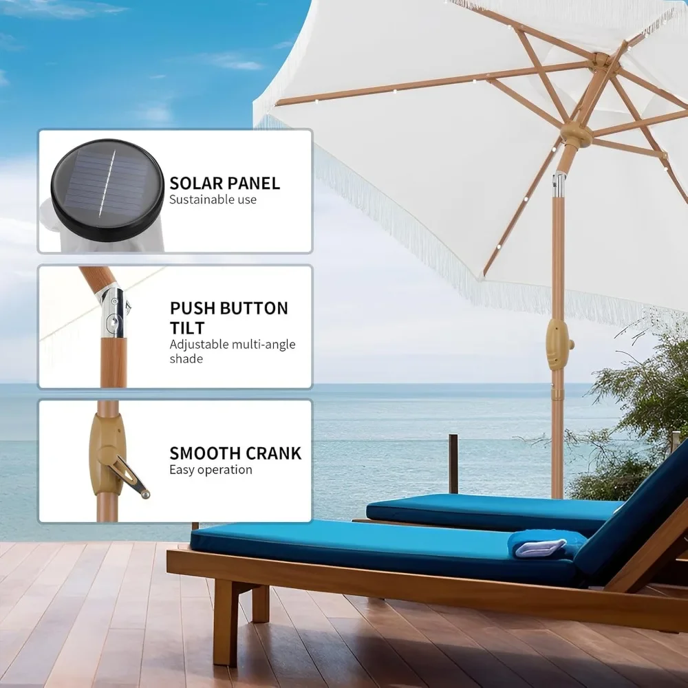 

7.5 ft Fringe Patio Umbrella with Base, Stylish Tassel Umbrella with 18 LED Solar Lights for Outdoor Shade and Illumination