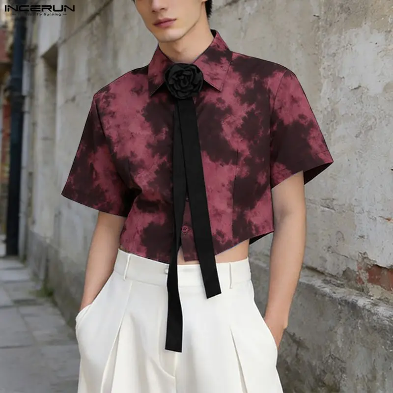 Men Shirt Tie Dye Flower Tie Up Lapel Short Sleeve Crop Tops Men Streetwear Summer 2026 Loose Fashion Men Clothing S-5XL INCERUN