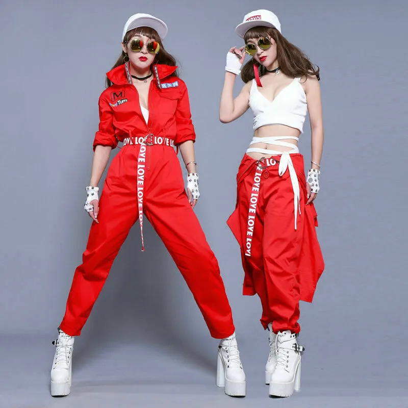 #0102 Stage Costumes For Singers Women Dance Night Club Costume Hip Hop Overalls Unisex With Belt Red Jumpsuit Long Sleeve Loose