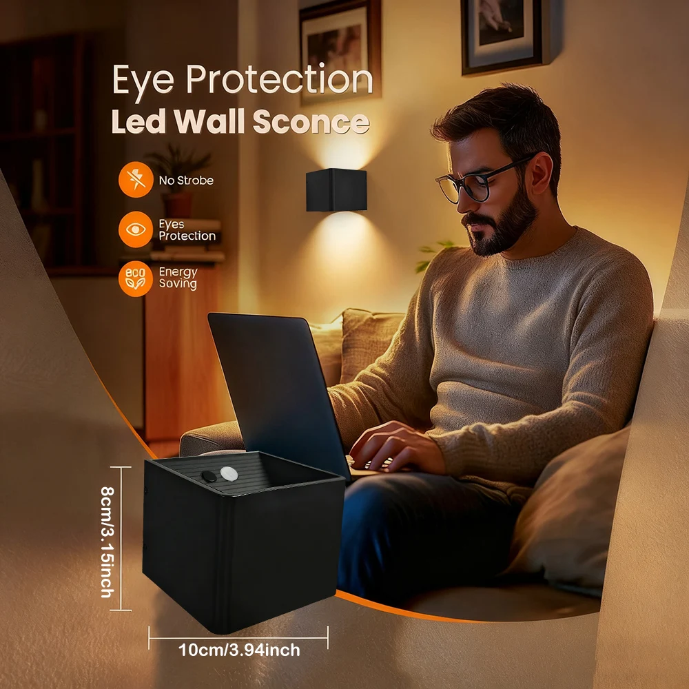 2 Stück Kabellose Würfel-LED-Wandleuchte mit Auf- und Abwärtslicht, Wiederaufladbar, PIR-Sensor, Stufenlose Dimmung, Magnetisches Nachtlicht für Flur und Veranda – Detail 1
