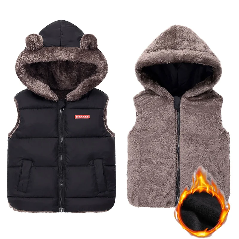 Fleece Children\'s Vest Kids Winter Fall Cotton Padded Waistcoat Boys Girls Thick Hooded Jackets 2024 New Warm Fashion Clothes