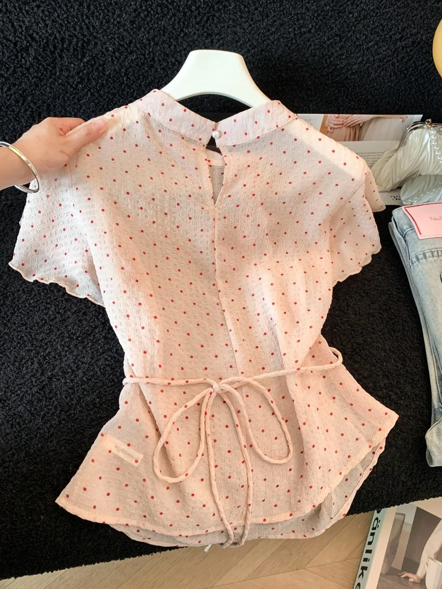 

Slim Fit Polka Dot Print Shirt Women's Summer Fashionable Beautiful Waist-Cinching Top Thin Outerwear Korean Style Commute