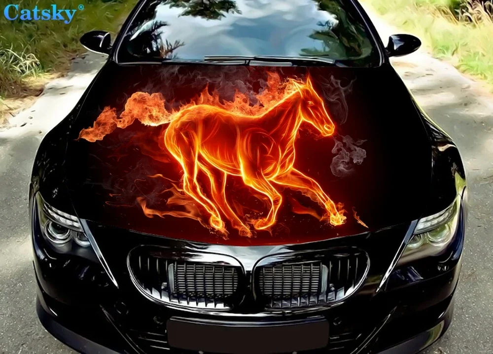 

Виниловые наклейки на капот автомобиля Wildfire Flaming Horse, виниловая пленка, наклейки на крышку двигателя, автомобильные аксессуары, защита капота автомобиля