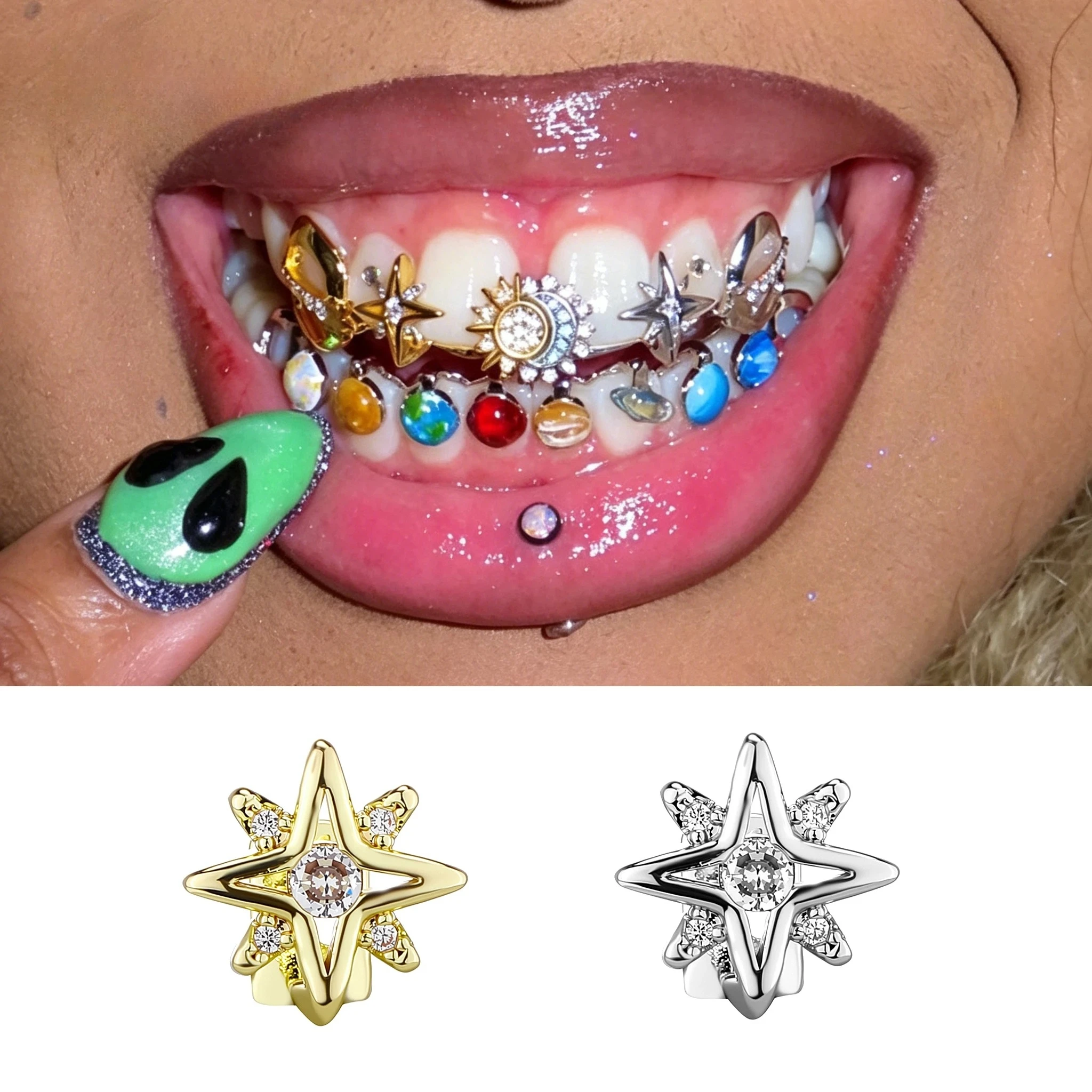 3Pcs Womens Retro Hot Girl Grillz Plated Brass Star Grillz DIY Single Tooth Cap Micro Pave Bling Jewelry for Women And Men