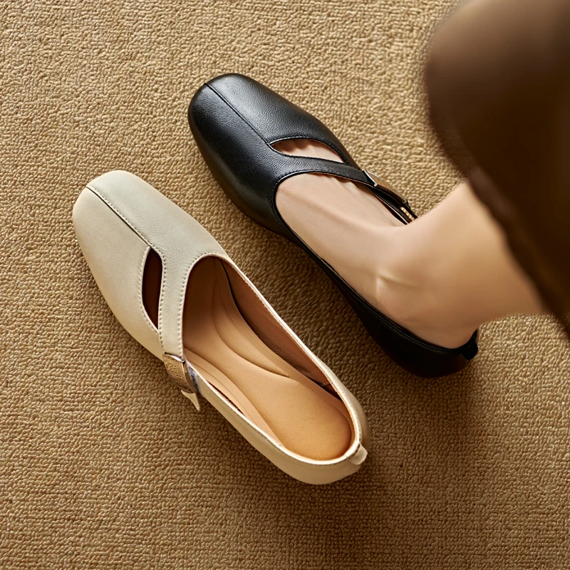 2026 spring summer women pumps natural leather plus size 22-26cm sheepskin+cowhide+pigskin round toe buckle low heel women shoes