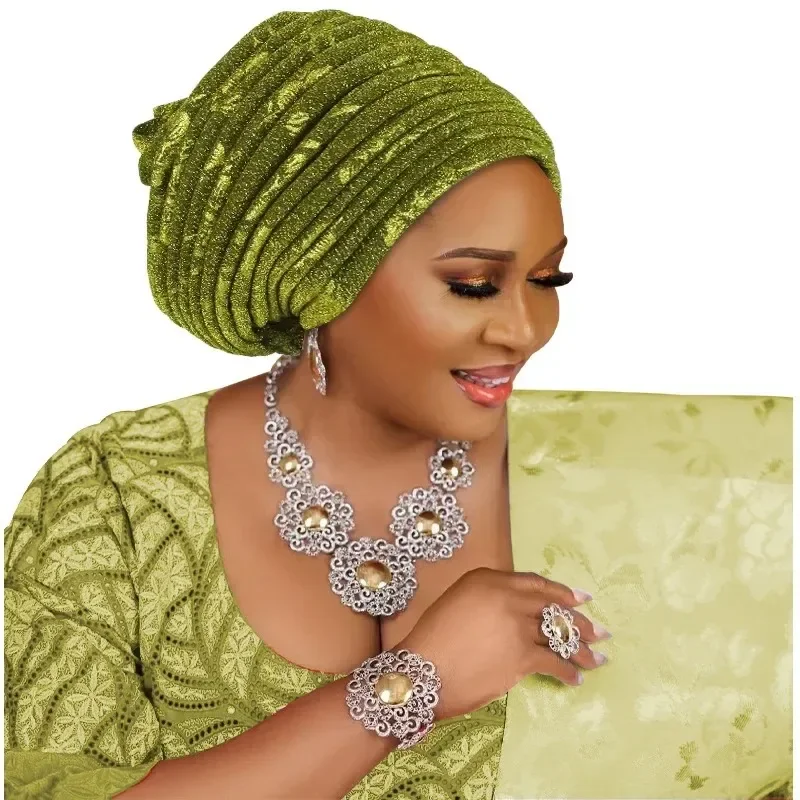 

Nigerian Wedding Headgear Glitter Turban Cap Women Pleated Headscarf Hijab Bonnet African Auto Gele Headties Head Wrap Headwear