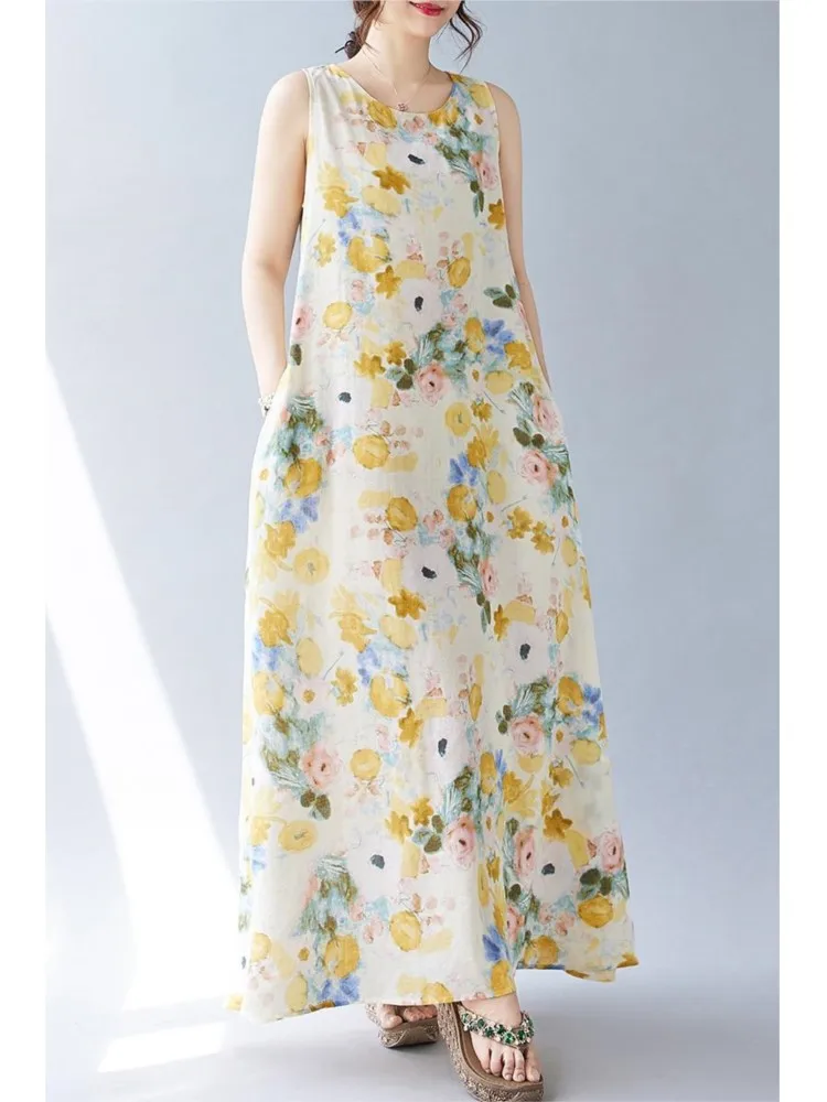 Oversized Summer Flower Floral Print Sleeveless Dress Women Loose Ruffle Pleated Fashion Ladies Dresses Casual Woman Long Dress