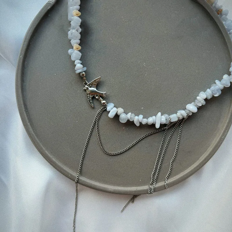 Elegant Multilayer Tassel Chain Pendant Necklace For Women Vintage Creative Natural Blue Stone Chocker Necklace Wedding Jewelry