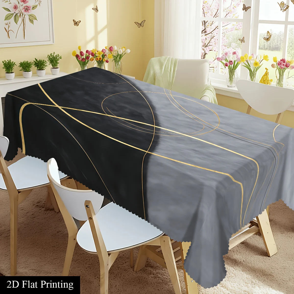 One-piece 2D flat-printed gray-black-gold thread geometric pattern tablecloth, a simple yet luxurious decorative tableclothxzj