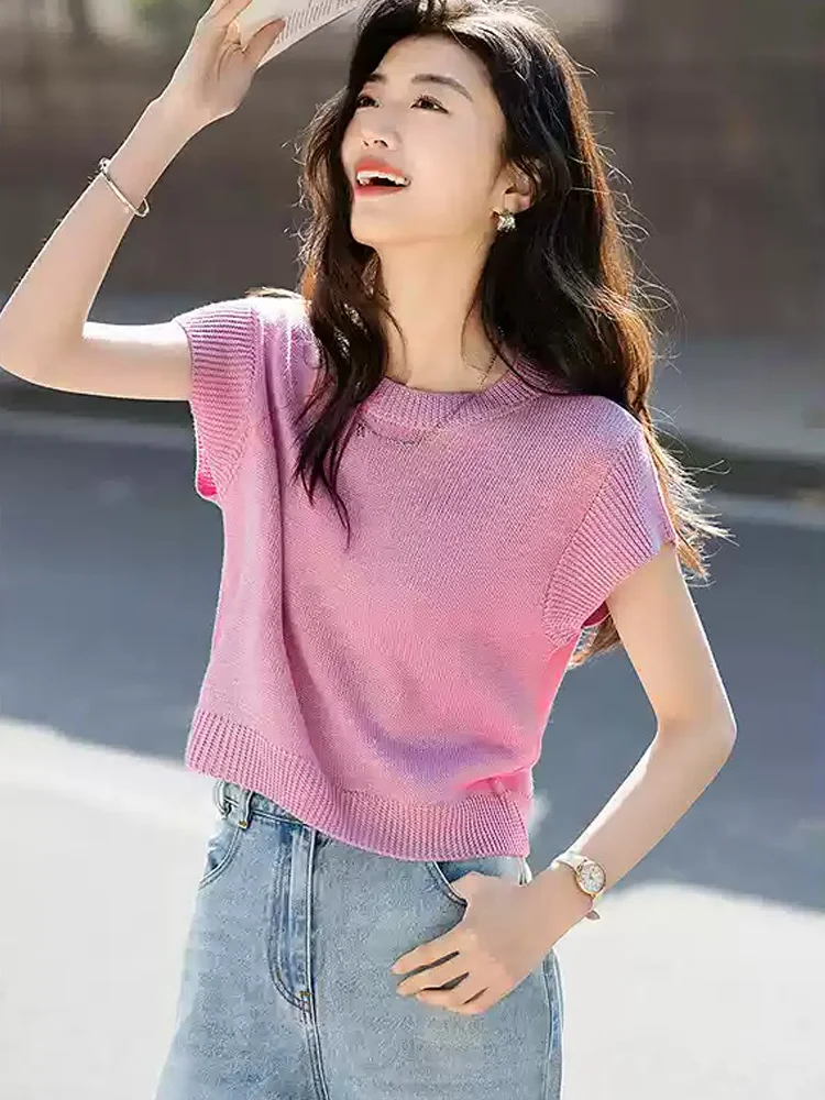 Modny, słodki top z dzianiny z jedwabiu lodowego, koreański styl, swobodny, okrągły dekolt, odzież damska, wyszczuplający, prosty krój, ort Sve