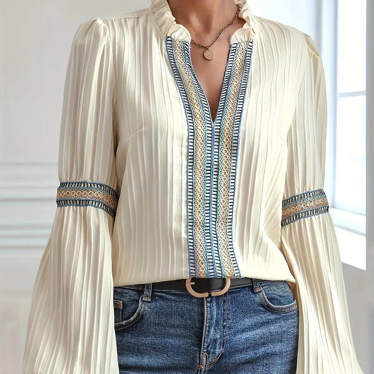 

2025 Spring Autumn Ruffled V-neck Casual Simple Lantern Sleeve Shirt Women's New Lace Stitching Elegant Off-white Office Tops
