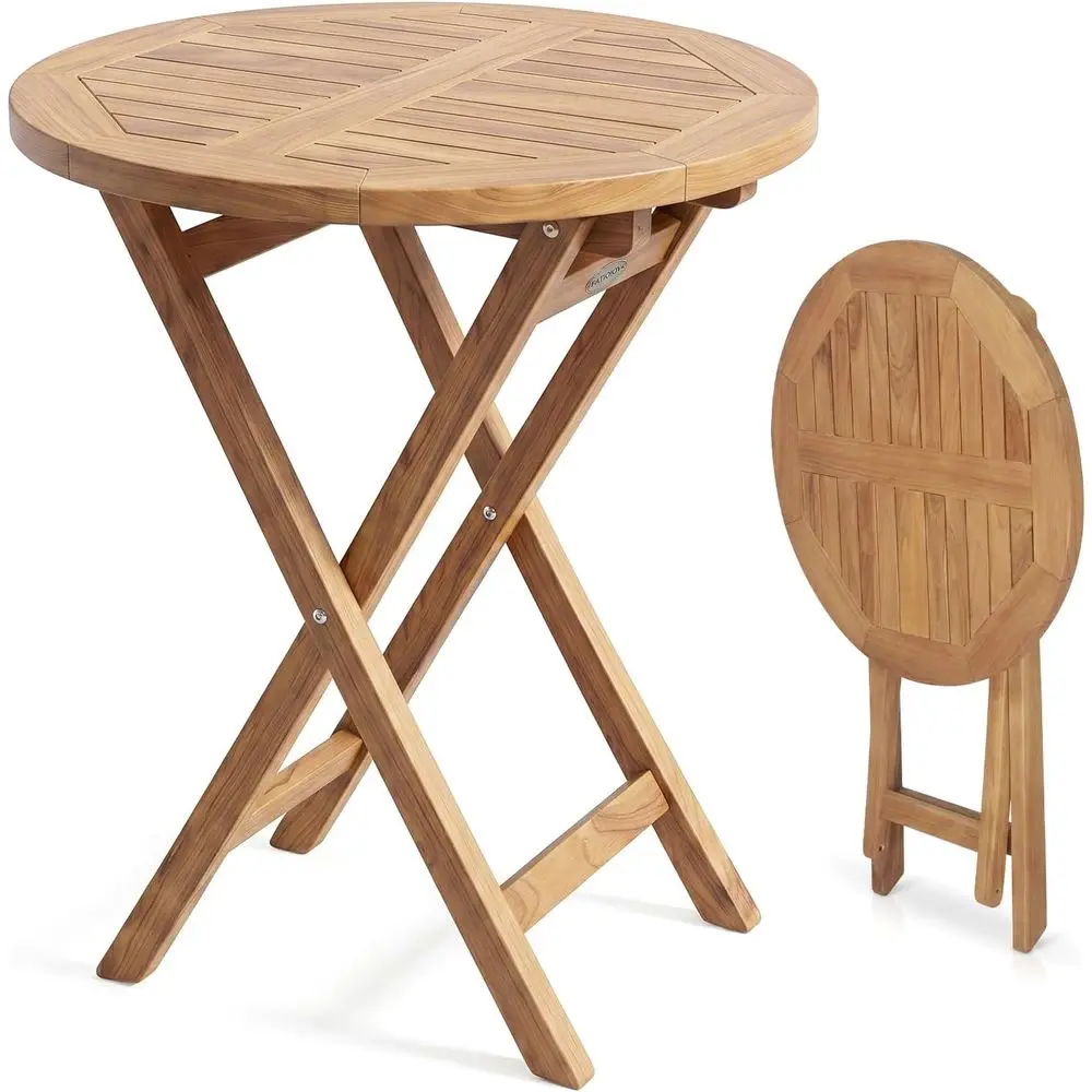 24-Inch Round Outdoor Teak Wood Patio Table with Sturdy X-Frame, Ideal for Bistro, Deck, Porch, Poolside, Balcony, and Garden