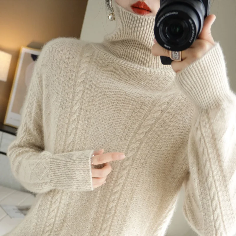 2024 Autumn/Winter New Cashmere Sweater Women's 100% Fleece High Collar Long Sleeve Hoodie Soft Sticky Knitted Sweater