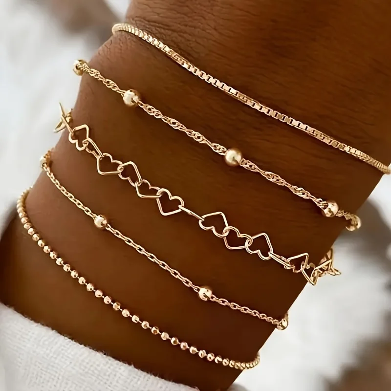 5 Pcs Set Of Tiny Golden Chain Design Bracelet Zinc Alloy Jewelry Elegant Leisure Style For Women Daily Stackable Hand Chain