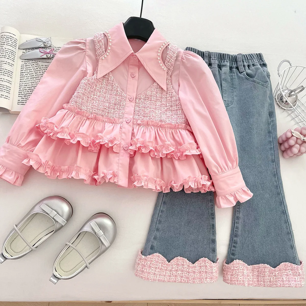 

Autumn New Korean Version Girls Long-sleeved Small Perfume Wind Fake Two-piece Denim Trousers Baby Temperament Suit