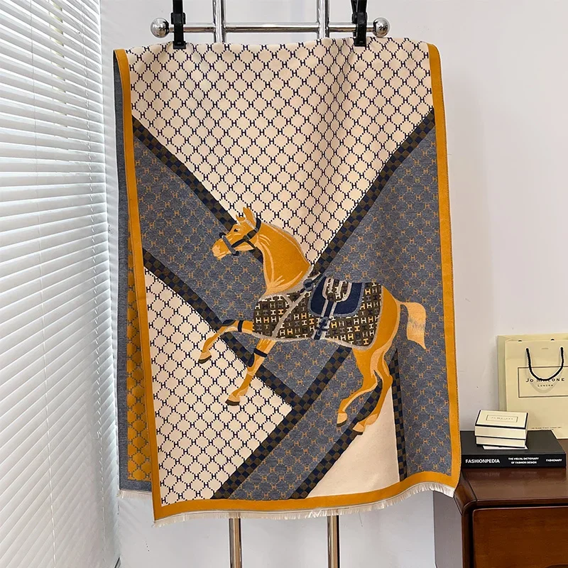 

Роскошный брендовый зимний новый кашемировый шарф с принтом лошади, утепленный теплый платок из пашмины, женские мягкие шали Bufanda, накидки