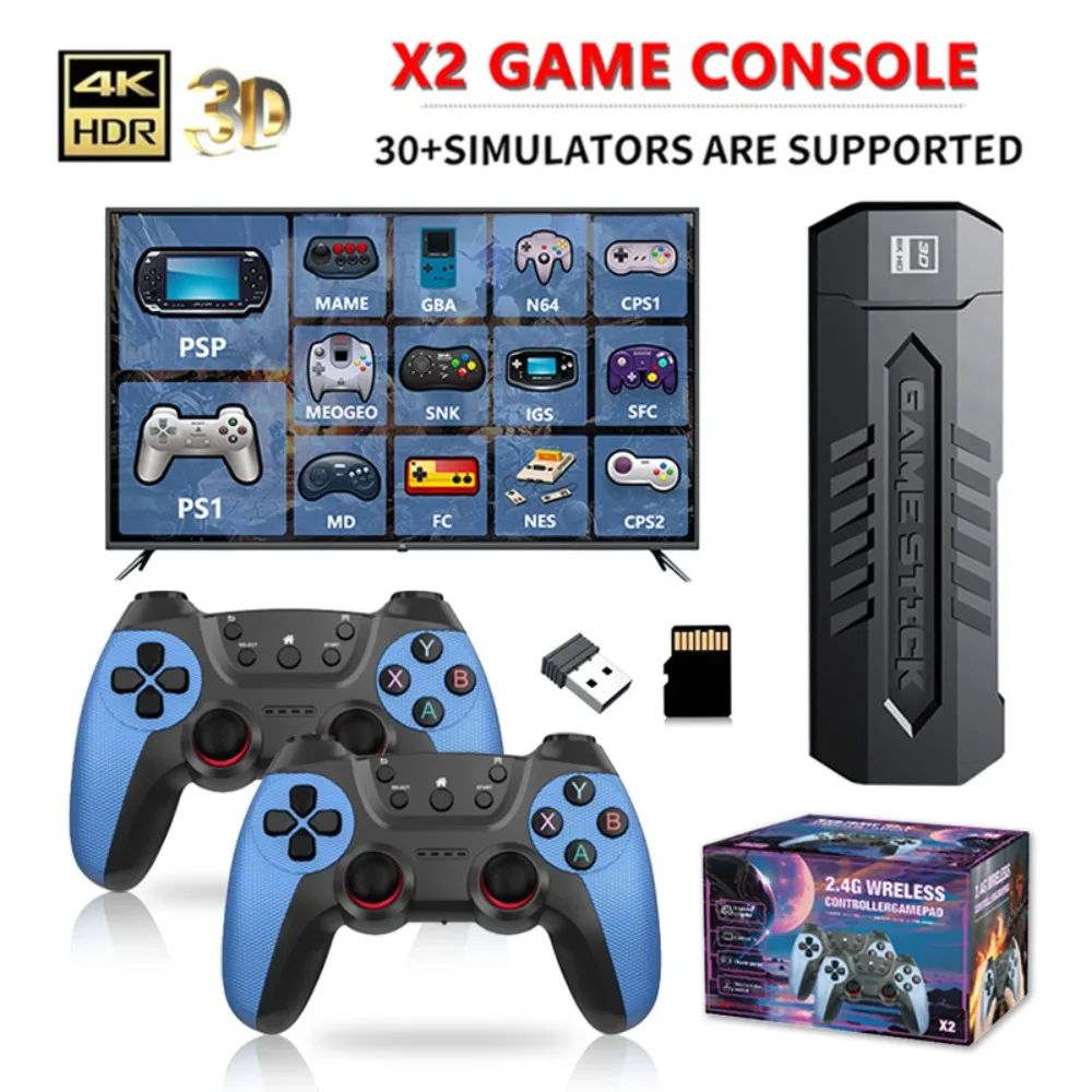 Consola de videojuegos X2 Retro Game Stick 4K más de 40000 juegos, más de 30 emuladores, salida HD 2 controladores inalámbricos, Plug and Play, TV/computadora