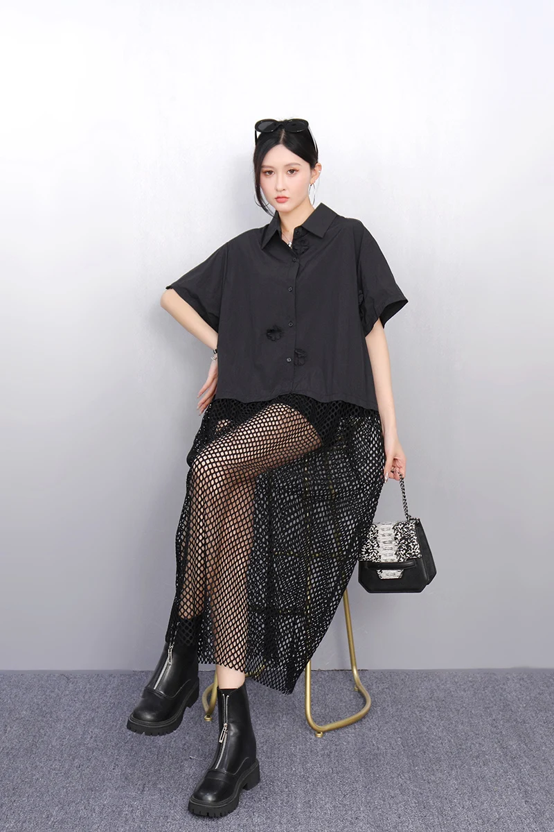 2025 primavera verão moda elegante camisas soltas vestidos longos mulheres retalhos oco vestido senhoras j1097