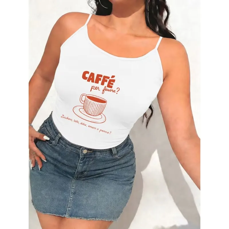 Women Spaghetti Strap Cami Tank Top Vintage Italian Coffee Caffe Letter Print Sleeveless Camisole Casual Summer Daily Basic Tops