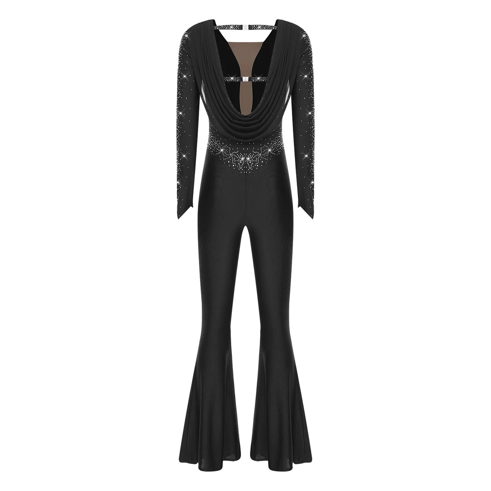 Women Latin Jazz Ballroom Dance Rompers Jumpsuit Long Sleeve Back Cutout Patchwork Ruched Mesh Overlay Ballet Rhythmic Dresses