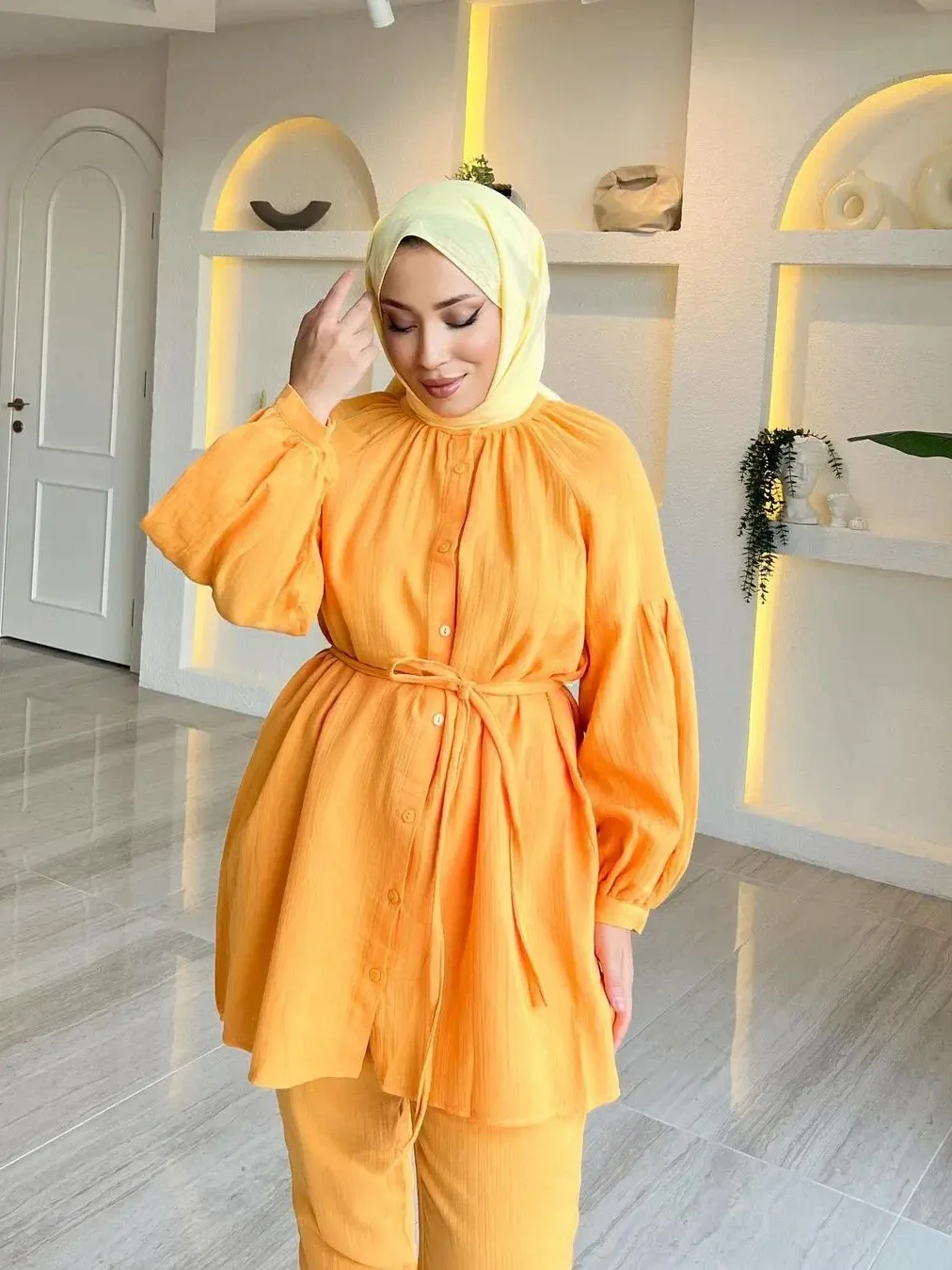 Women Eid Muslim Sets Two Pieces Musulman Ensemble Dubai Arab Single Breasted Blouses Wide Leg Pants Solid Color Belt Button