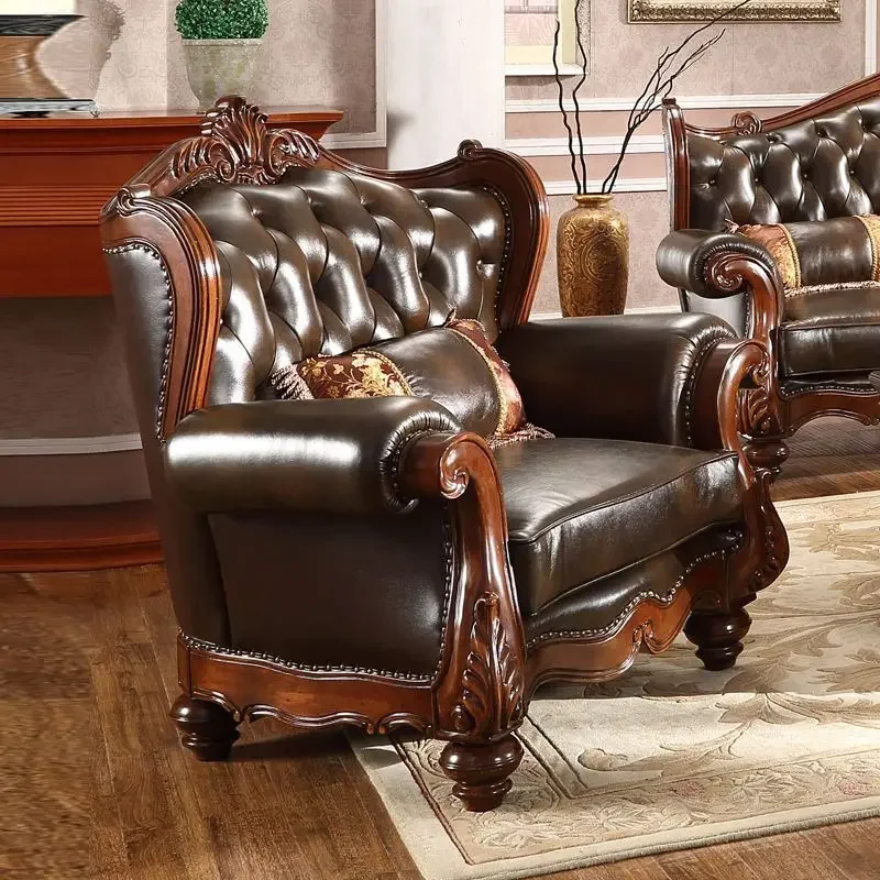 American solid wood sofa combination luxury first-layer cowhide small apartment 1 + 2 + 3 living room set leather