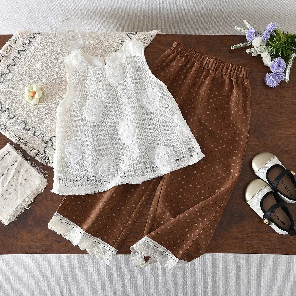 Girls Aged 3-7 Casual Countryside Style Lace Printed 3D Flower Vest+brown Wide Leg Pants Two-piece Set  Summer