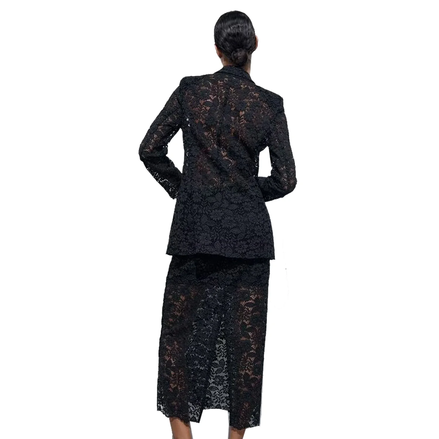 Women\'s Lace Strap Shoulder Pad Suit Jacket One Button Long Sleeved Top Split Back Half Length Skirt Set New