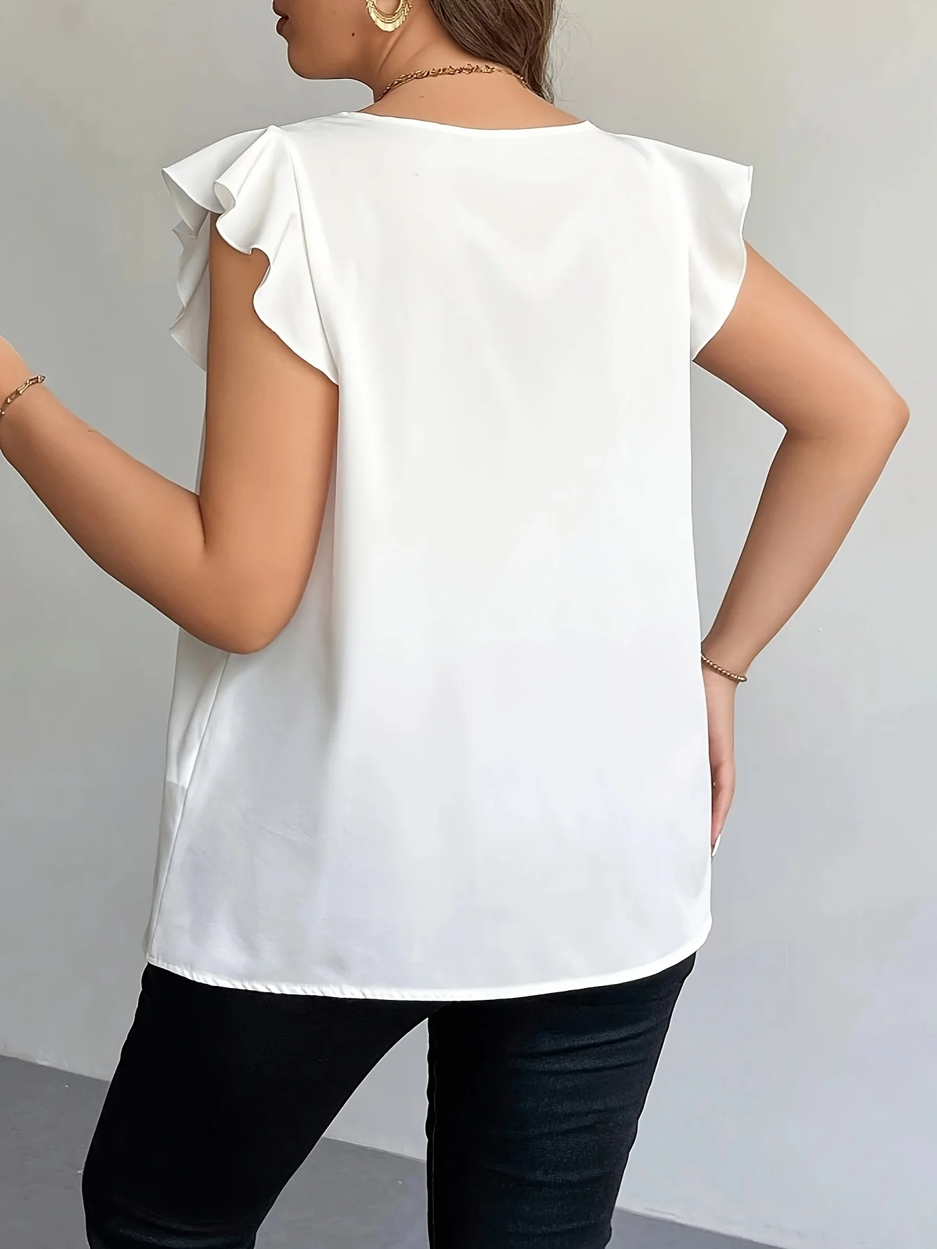 Plus Size Women's White Satin Blouse V-Neck Ruffle Sleeve Loose Casual Office Top (0XL-4XL) image 2